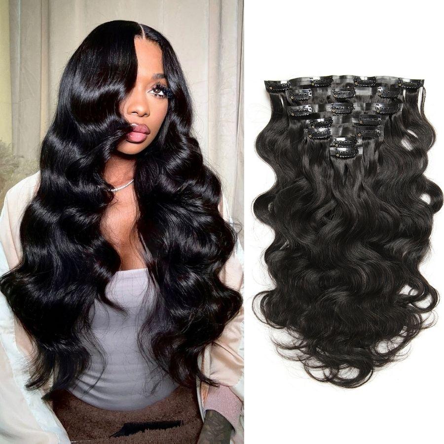 WOWANGEL Body Wave Seamless Clip In Hair Extensions Natural Black - wowangel