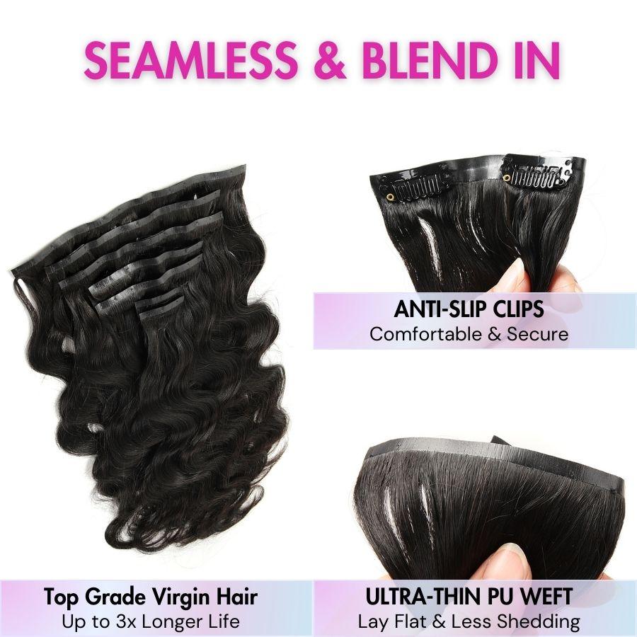 Seamless blend in hair extensions with anti-slip clips