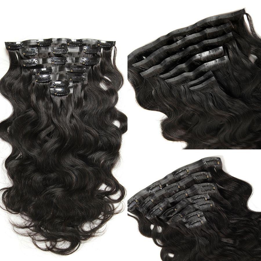 WOWANGEL Body Wave Seamless Clip In Hair Extensions Natural Black - wowangel