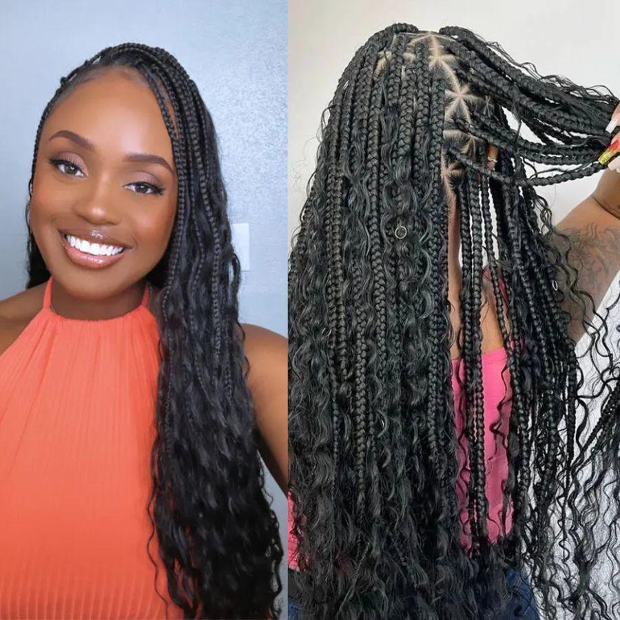 Long crochet braids with human hair curls, pre-looped style.