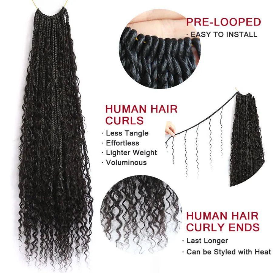 Pre-looped crochet hair with human hair curls, easy install.