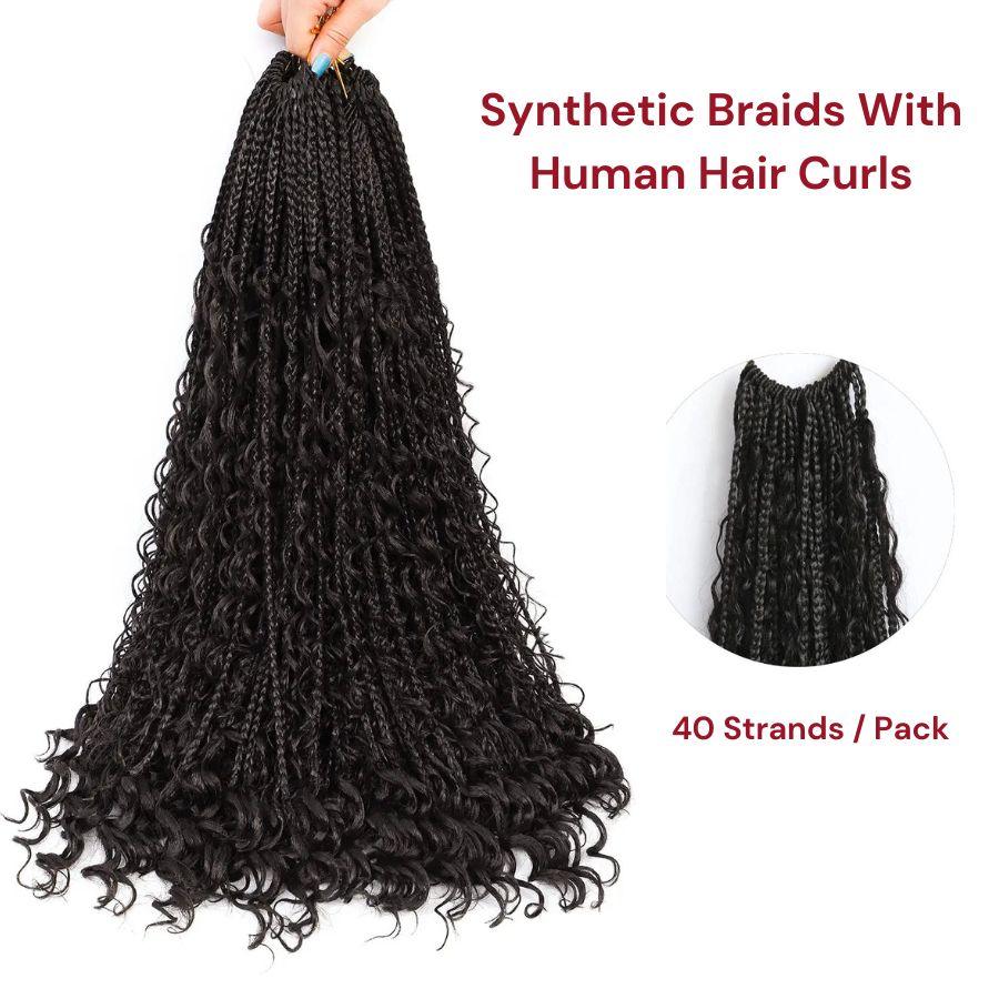 Synthetic braids with human hair curls, 40 strands per pack.