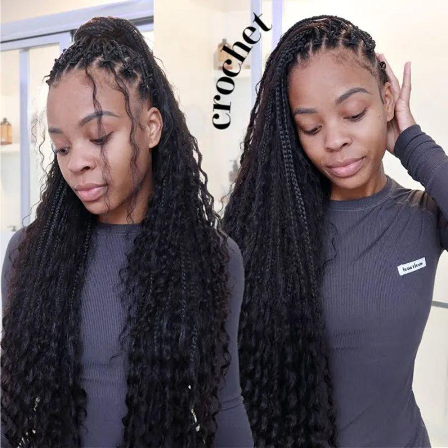 Crochet box braids with human hair curls, versatile styling.