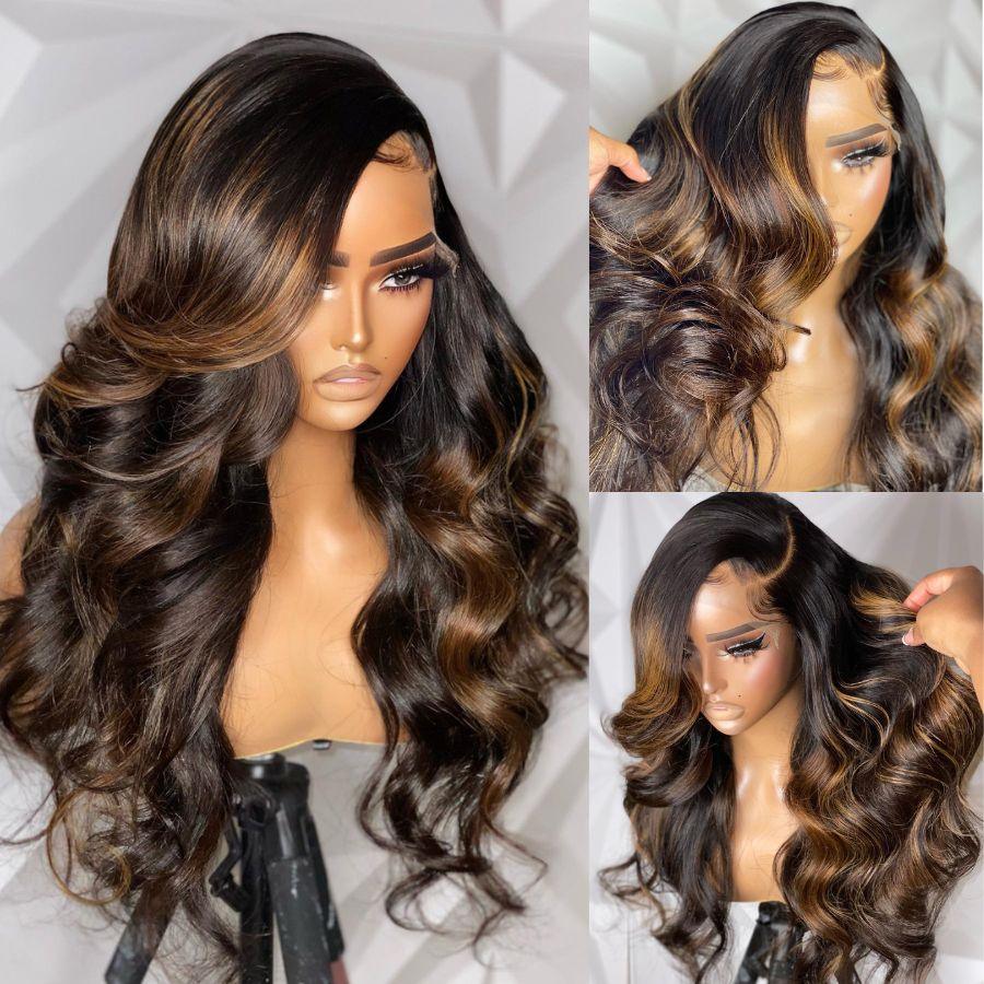 WOWANGEL Brown Highlight 13x6 Skinlike Real HD Lace Front Wig Body Wave - wowangel