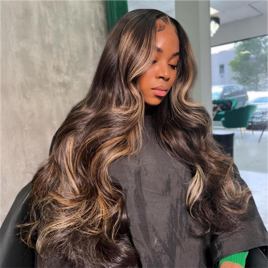 WOWANGEL Brown Highlight HD Lace 13X6 Full Frontal Wig Body Wave Pre Plucked Hairline - wowangel