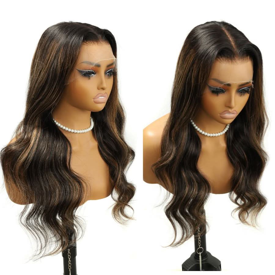 WOWANGEL Brown Highlight HD Lace 13X6 Full Frontal Wig Body Wave Pre Plucked Hairline - wowangel