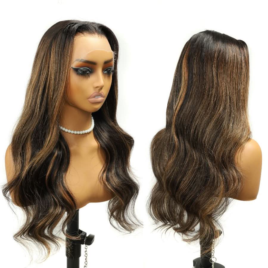 WOWANGEL Brown Highlight HD Lace 13X6 Full Frontal Wig Body Wave Pre Plucked Hairline - wowangel
