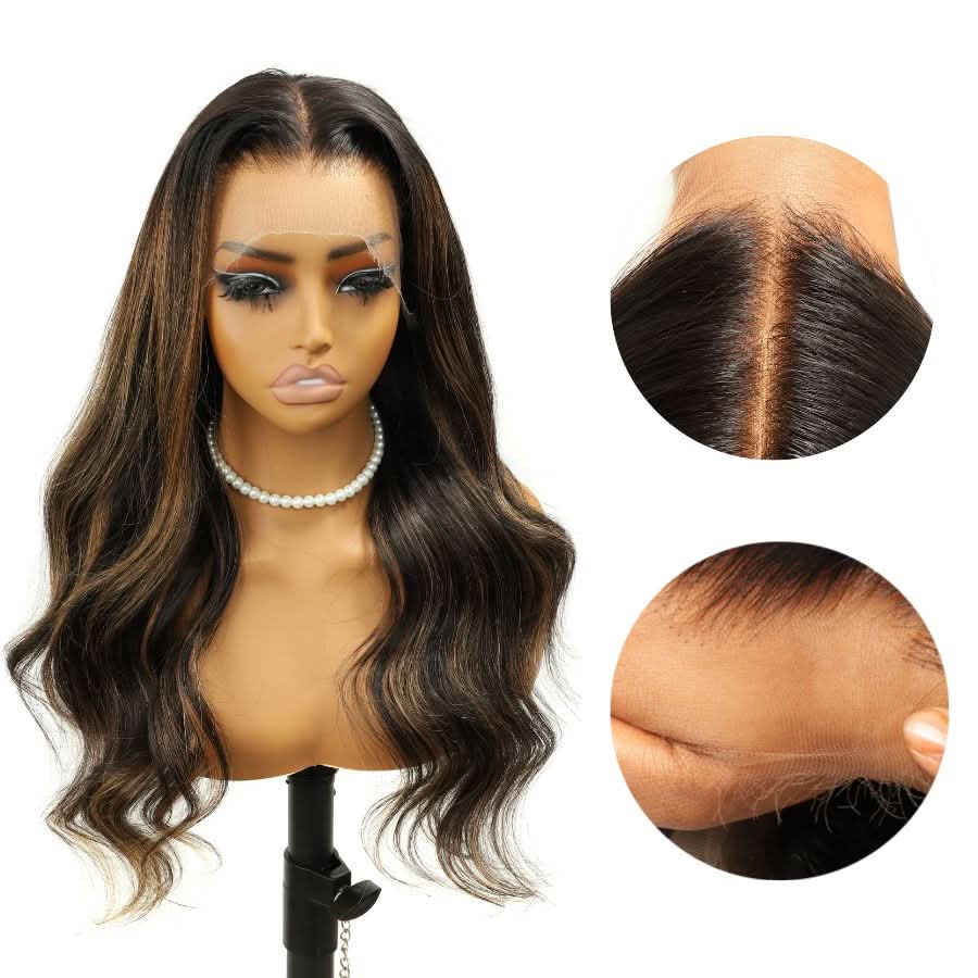 WOWANGEL Brown Highlight HD Lace 13X6 Full Frontal Wig Body Wave Pre Plucked Hairline - wowangel