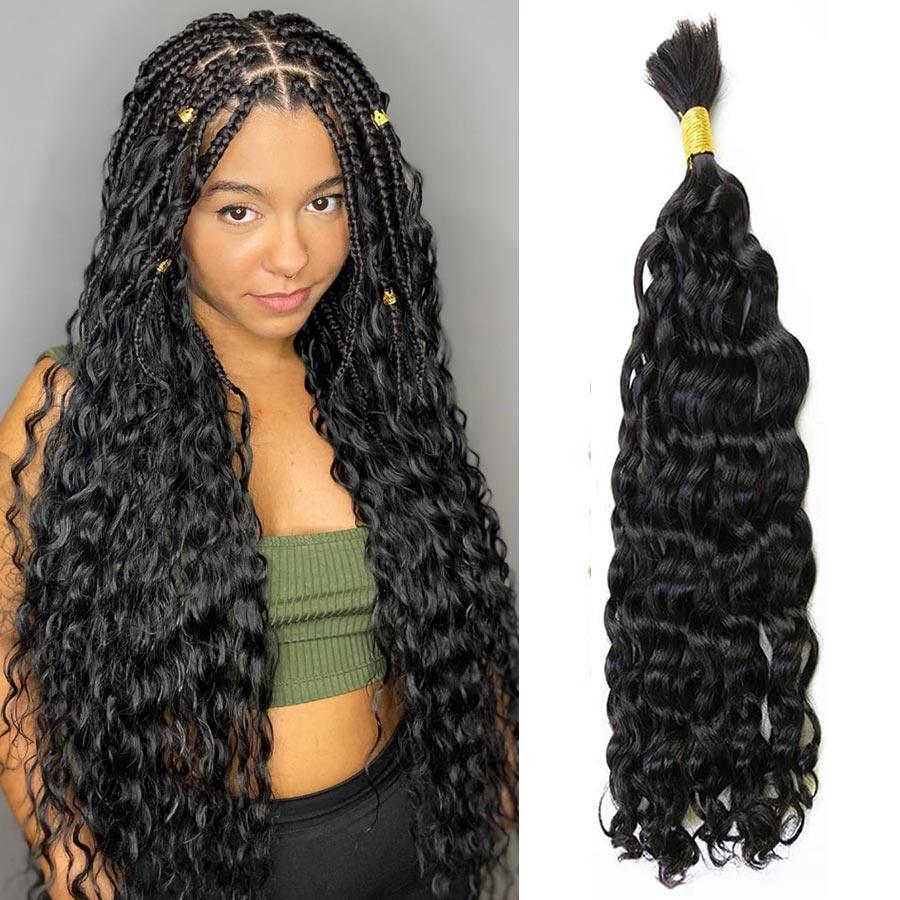 Natural wave human hair for braiding, styled in long braids.