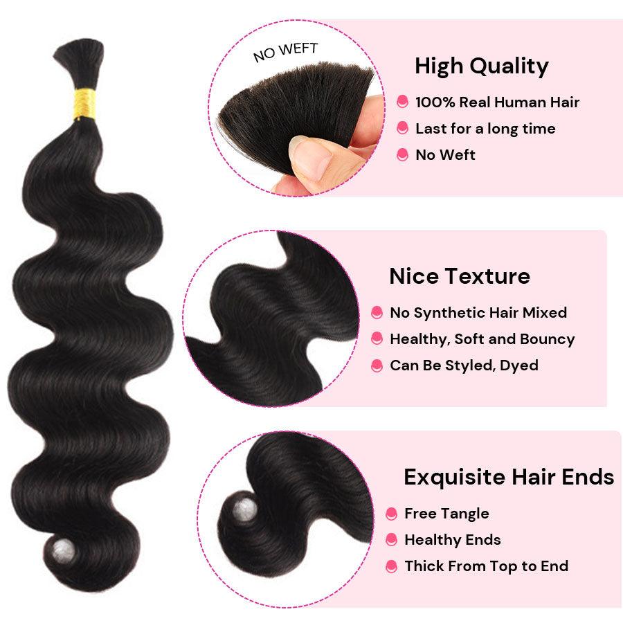 WOWANGEL Bulk Human Hair for Braiding Nature Black Body Wave 50g/bundle *2 - wowangel