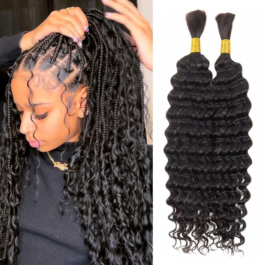 Deep wave human hair braiding bundles in natural black.