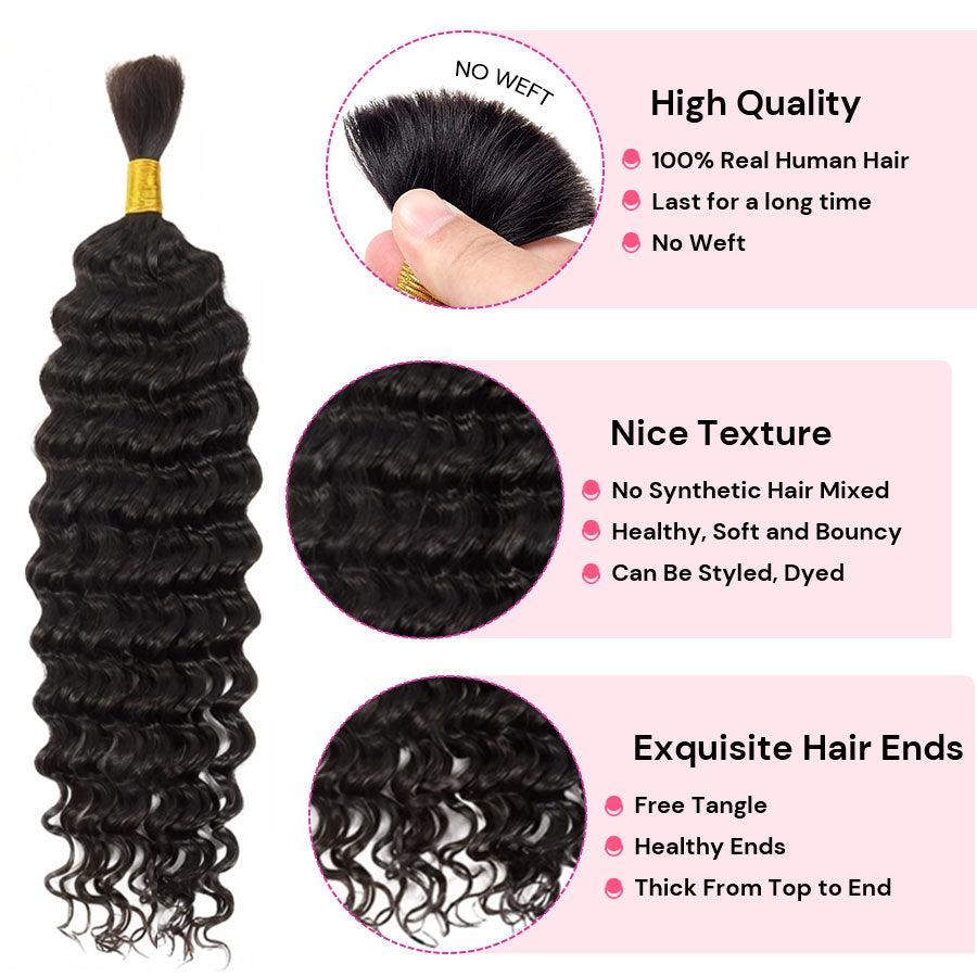 WOWANGEL Bulk Human Hair for Braiding Nature Black Deep Wave 50g/bundle *2 - wowangel