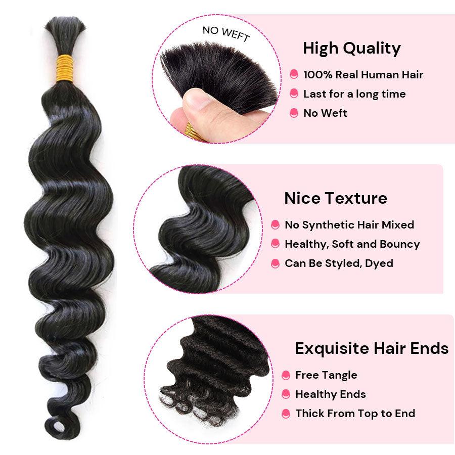 WOWANGEL Bulk Human Hair for Braiding Nature Black Loose Wave 50g/bundle *2 - wowangel