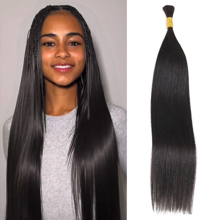 Model with long straight braids and Wowangel hair bundle.