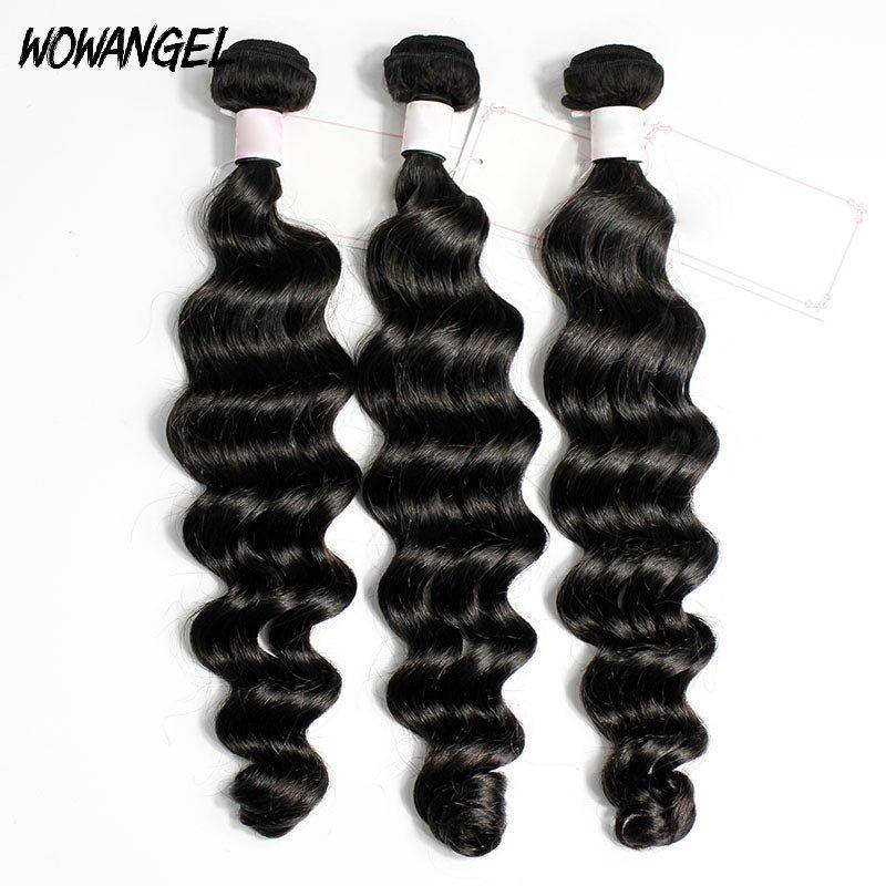 WOWANGEL loose wave human hair bundles, 100% natural black hair extensions with a smooth, bouncy wave pattern. High-quality, soft, and easy to style.