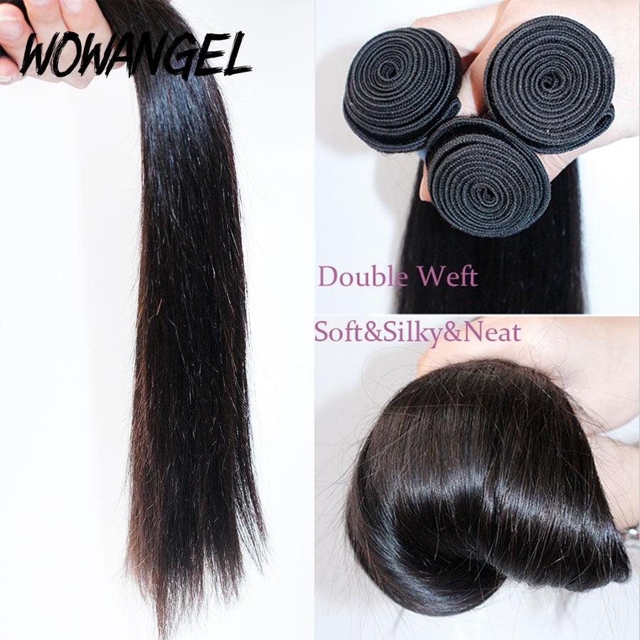 WOWANGEL straight human hair bundles with double weft construction, soft, silky, and neat. High-quality, natural black extensions for a sleek look.