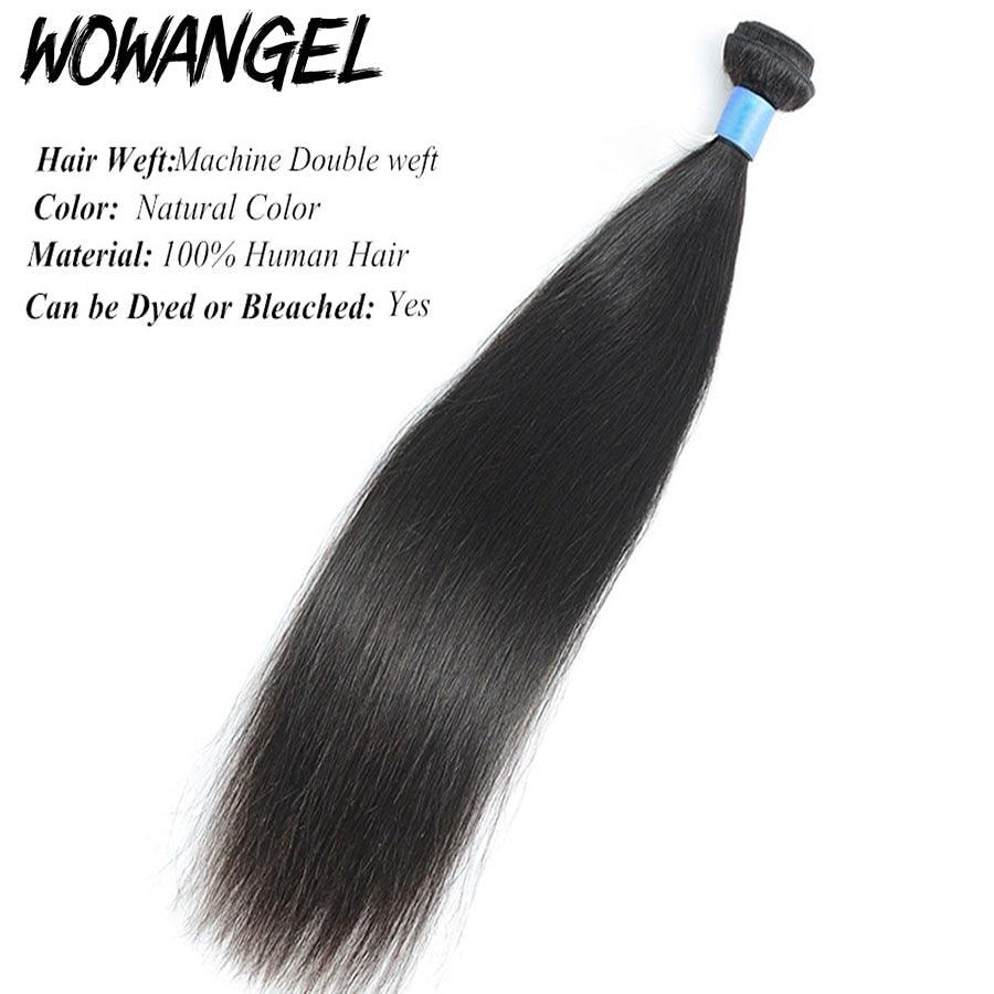 WOWANGEL straight human hair bundle, 100% natural black, machine double weft, can be dyed or bleached. Smooth, silky, and durable for long-lasting wear.