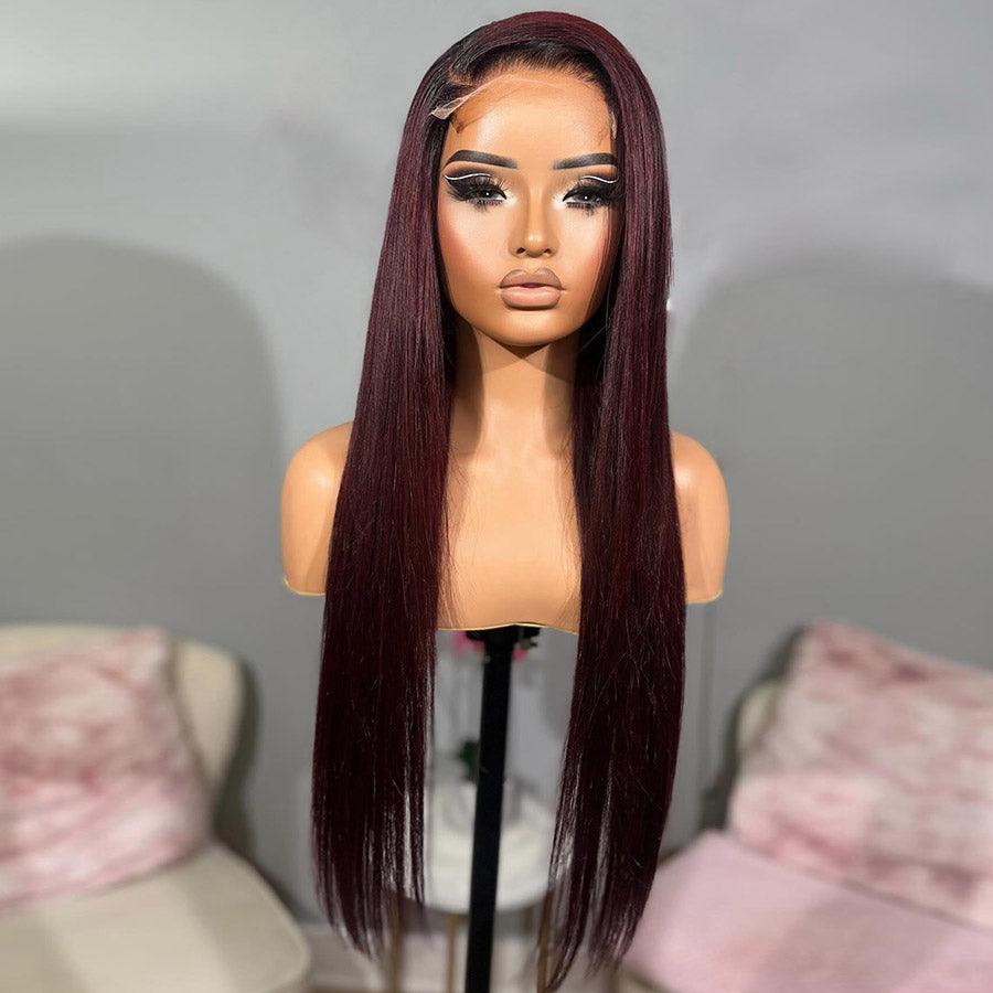 Burgundy straight wig on mannequin, HD lace front