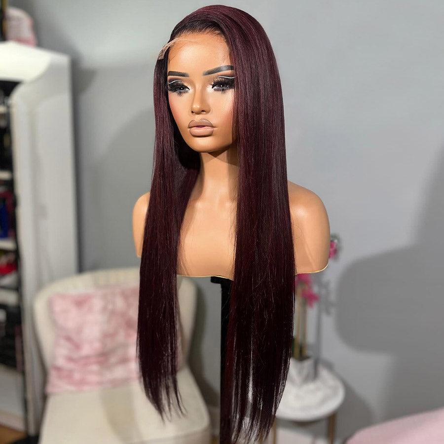 Side view of burgundy straight wig, HD lace front