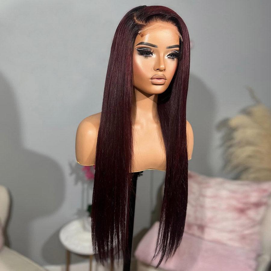 Burgundy wig with dark roots, HD lace front