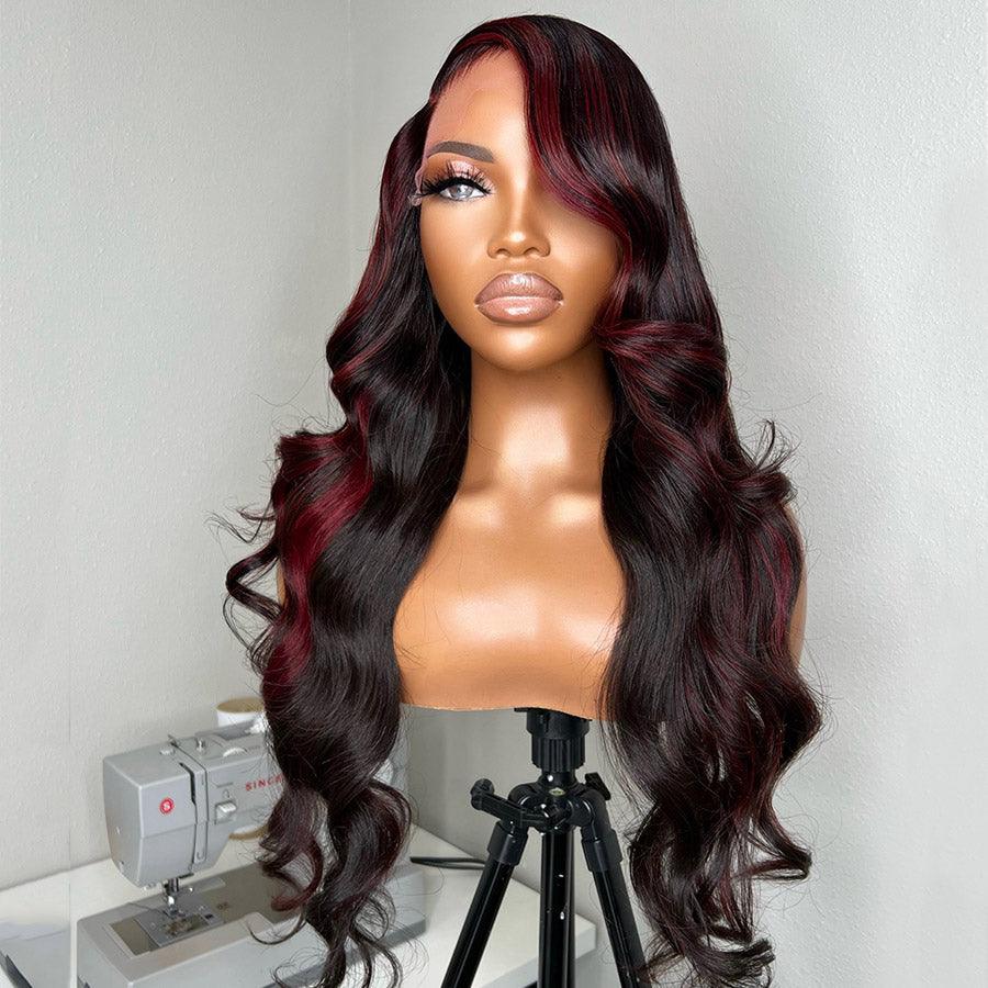 WOWANGEL Burgundy Highlight 13X4 HD Lace Full Frontal Wig Body Wave - wowangel