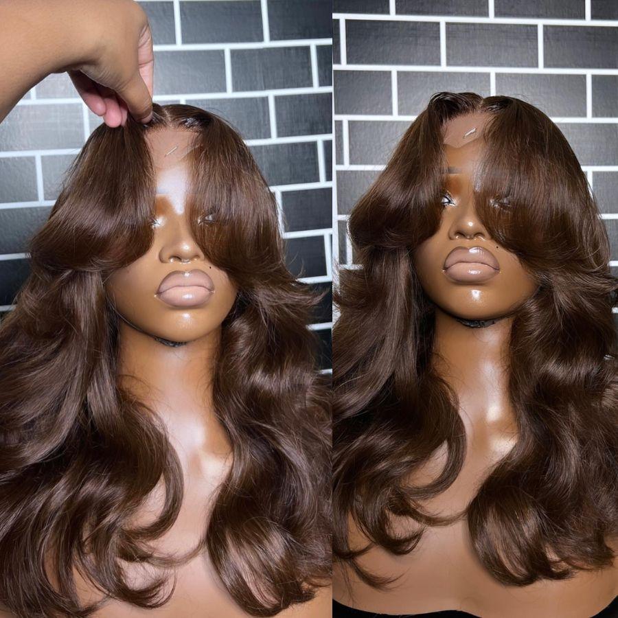 Chestnut brown lace front wig with curtain bangs on mannequin.