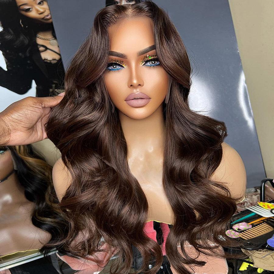 WOWANGEL Chocolate Brown Color 13X6 HD Lace Front Wigs Body Wave Mid Part - wowangel