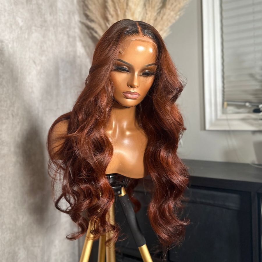 WOWANGEL Copper Brown 13x6 Skinlike Real HD Lace Front Wig with Dark Root - wowangel