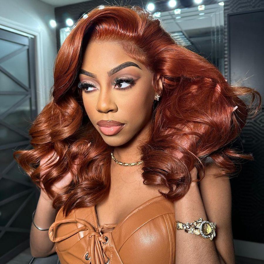 Copper brown lace front wig with voluminous curls