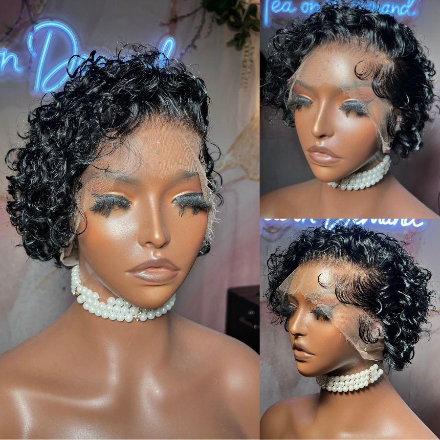 Curly pixie wig with HD full lace, side view on mannequin