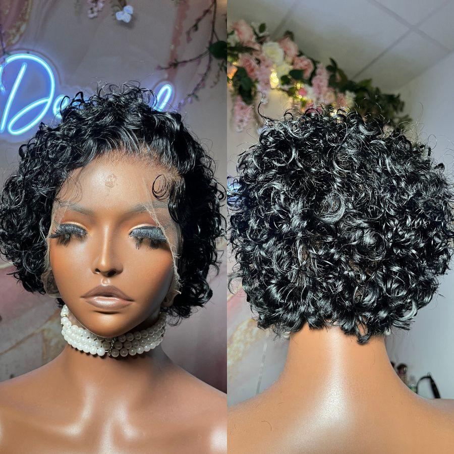 Back view of curly pixie wig with HD full lace on mannequin