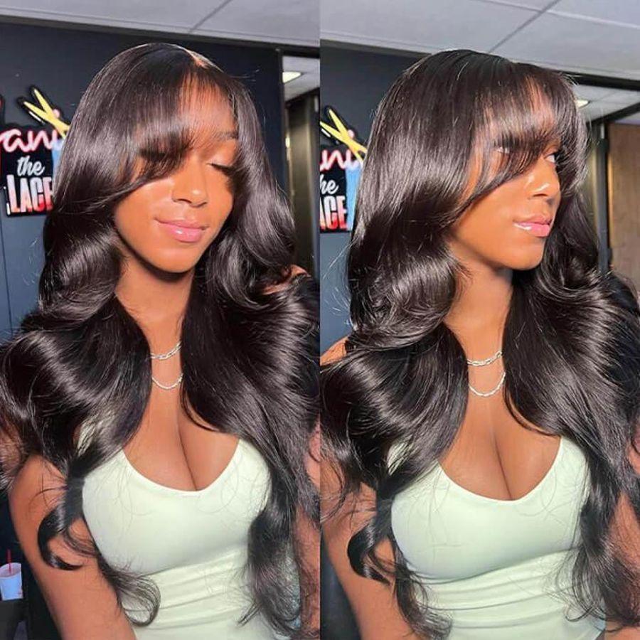 WOWANGEL HD lace body wave wig with curtain bangs, side view