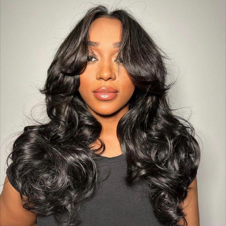 WOWANGEL HD lace body wave wig with curtain bangs, front view