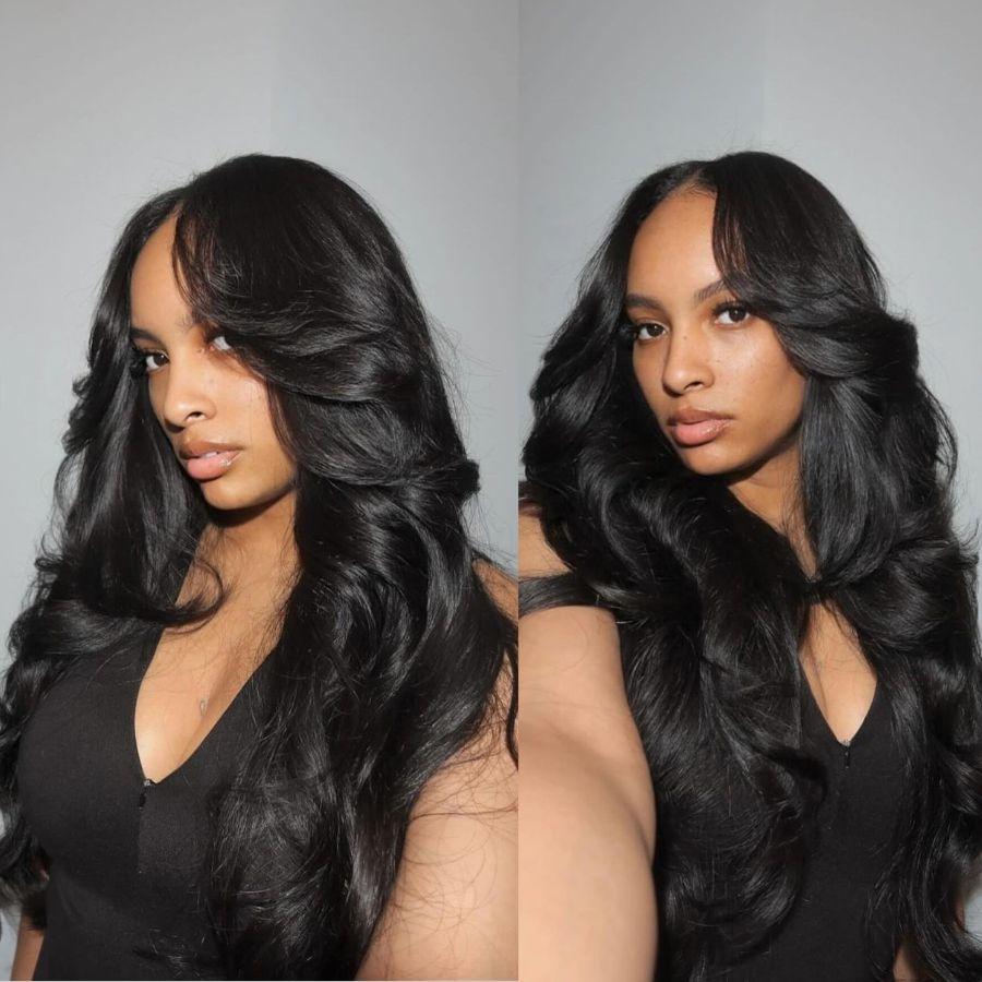 WOWANGEL HD lace body wave wig, natural black, side view