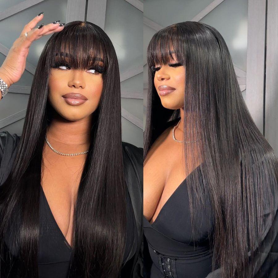 Model wearing WOWANGEL straight wig with bangs