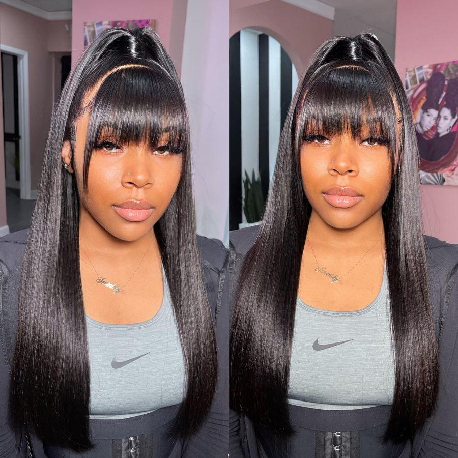 WOWANGEL full lace bang wig with straight hair, glueless HD lace