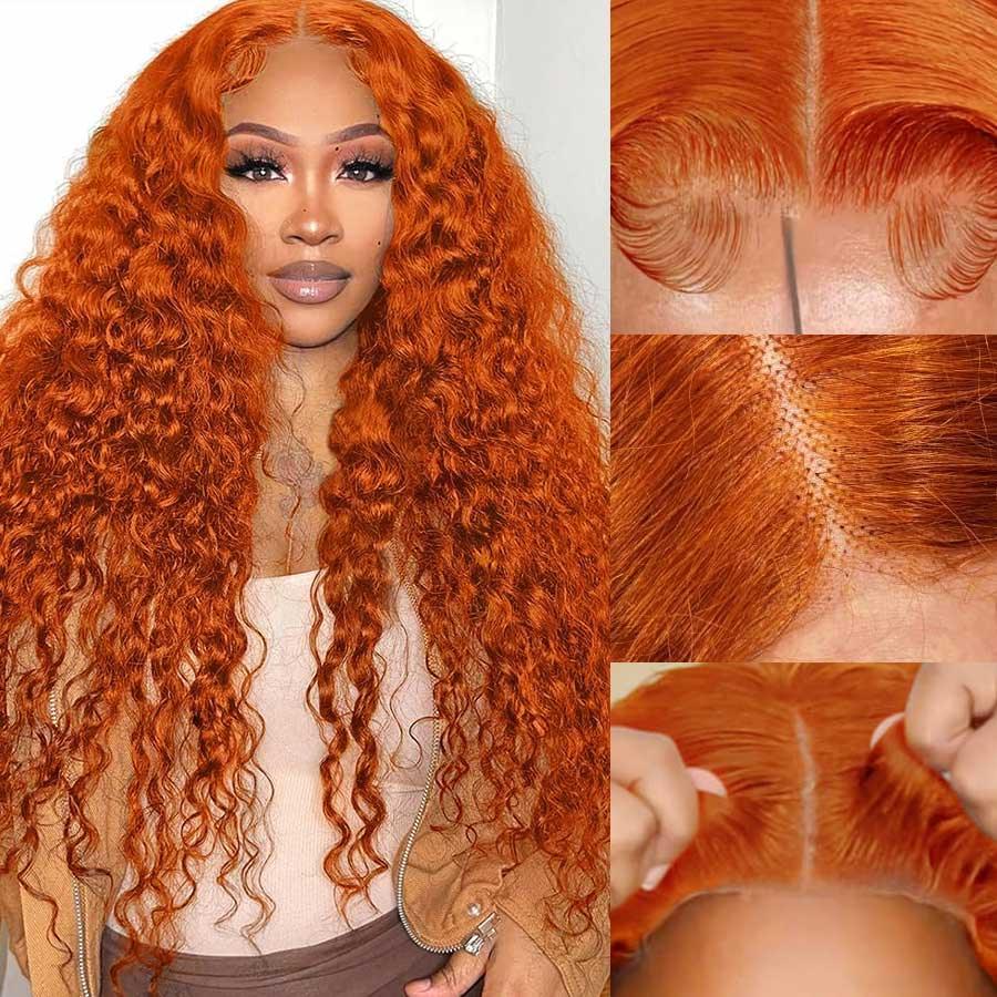 Ginger orange curly lace closure wig with detailed hairline view