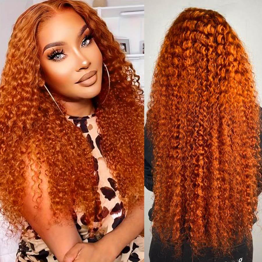 Front and back view of ginger orange curly lace wig