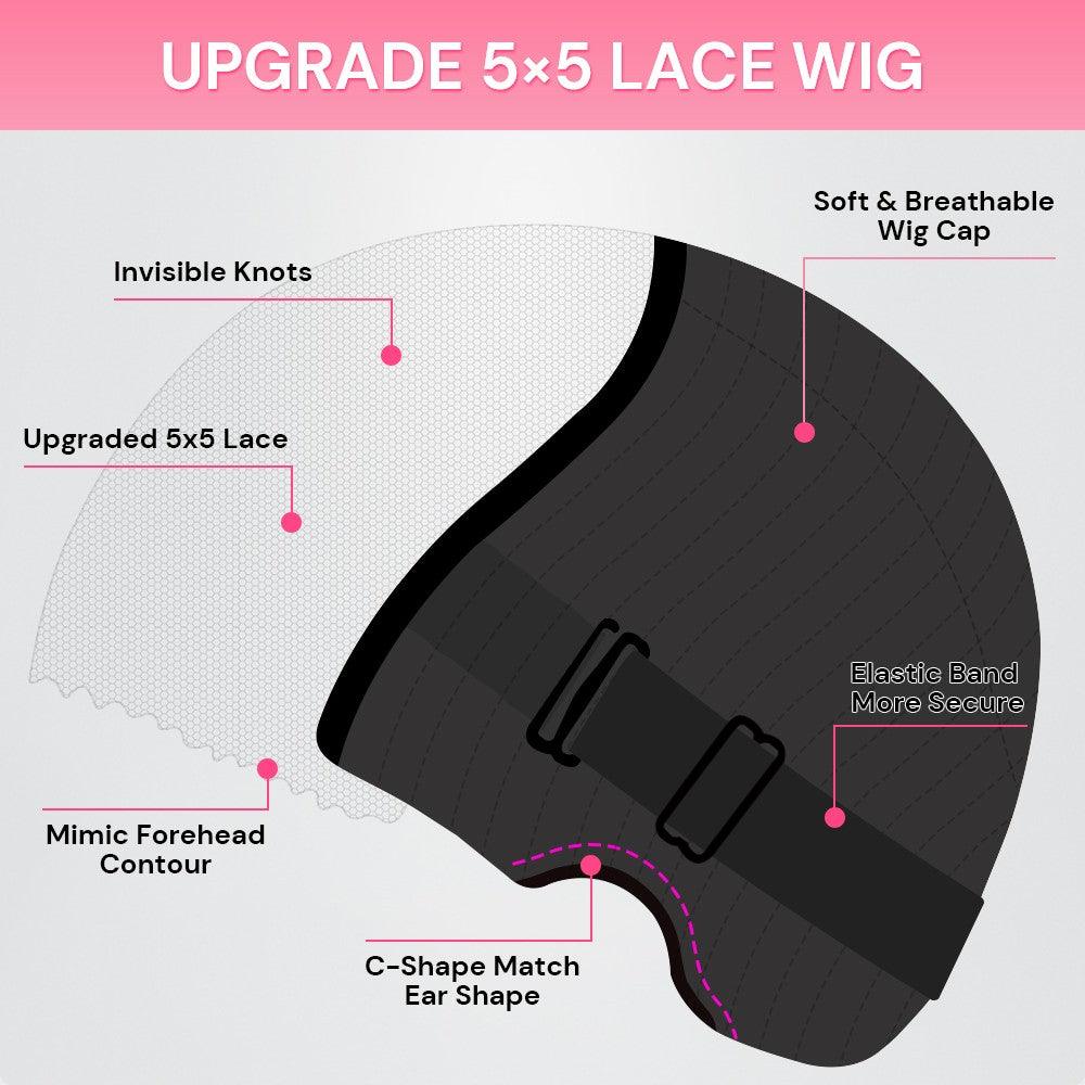 Diagram of the WOWANGEL 5x5 HD Lace Wig highlighting invisible knots, breathable cap, and adjustable elastic band for a secure fit.