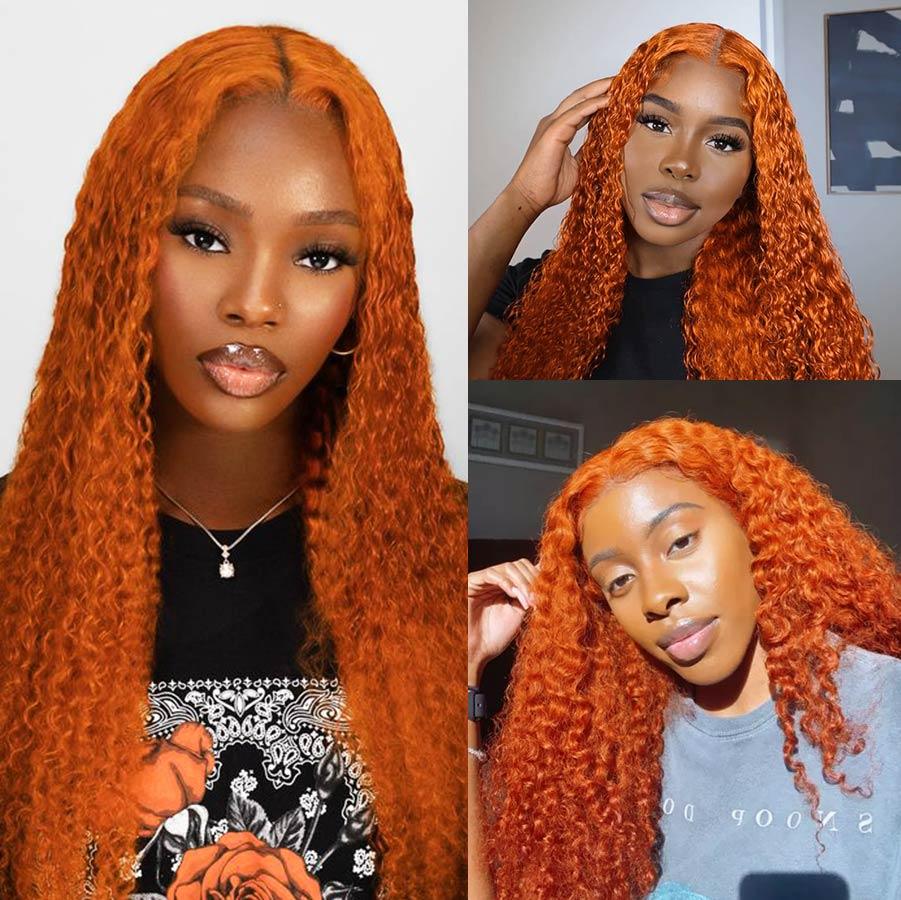 Multiple models showcasing ginger orange curly lace wigs