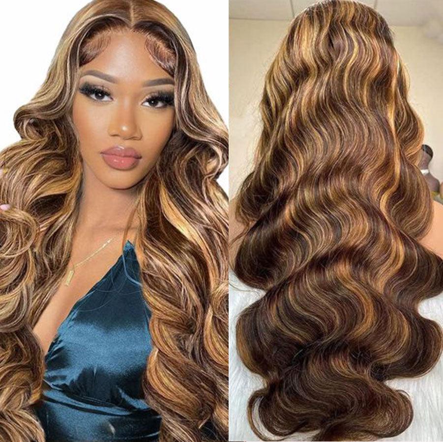 Long body wave wig with highlights, HD lace front view