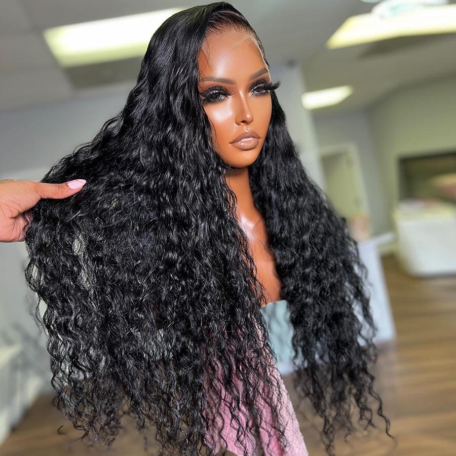 Jet black water wave wig with HD lace frontal