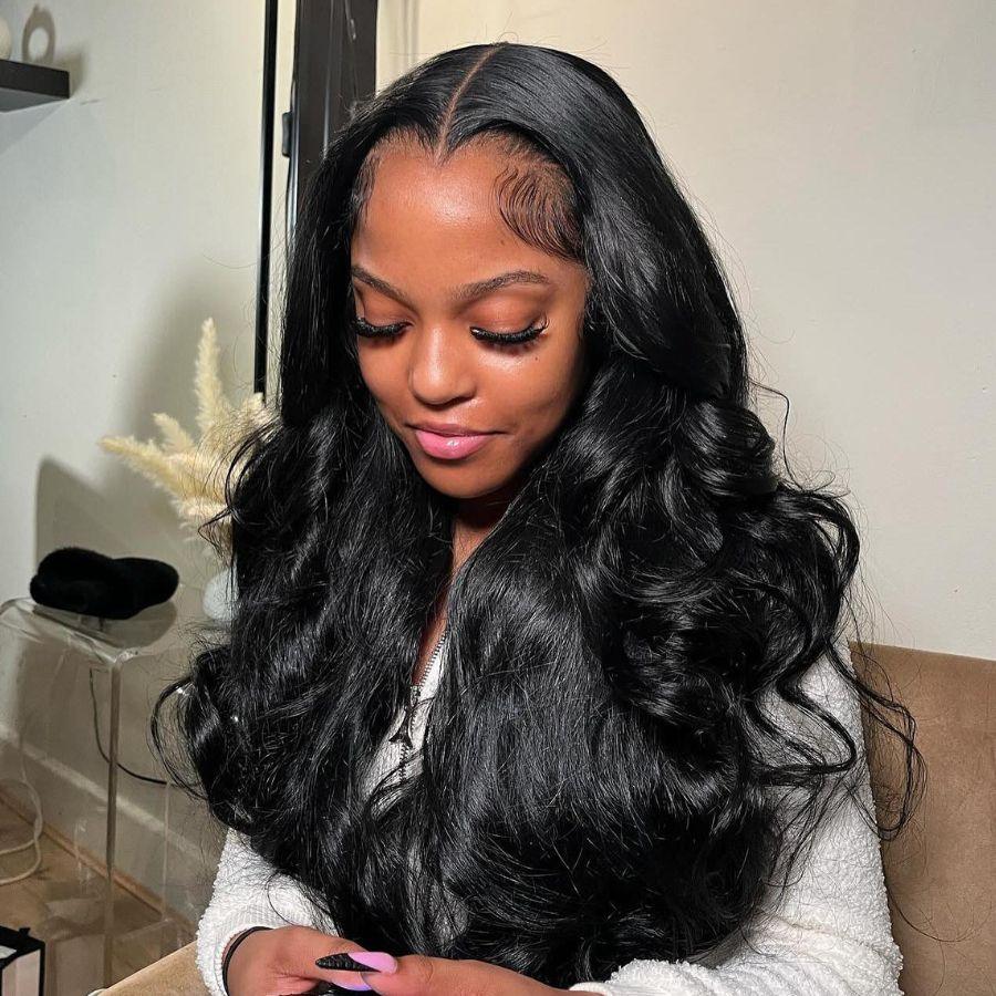 WOWANGEL Jet Black 13X6 HD Lace Full Frontal Wig Clean Hairline Body Wave - wowangel