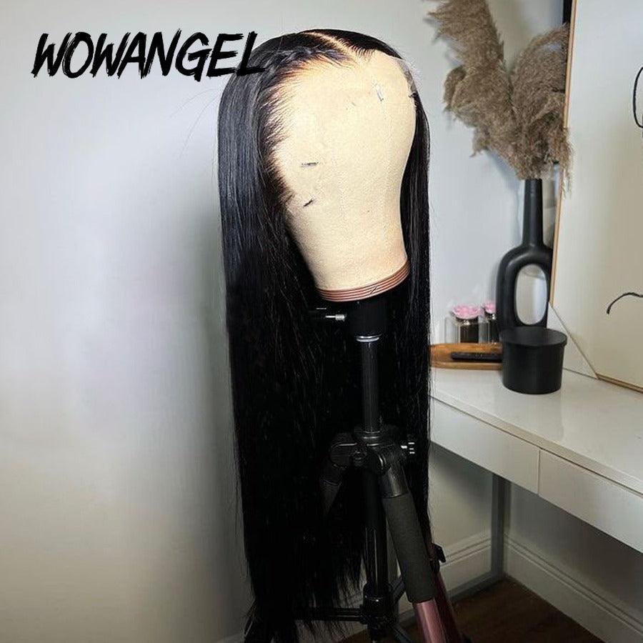 WOWANGEL silk straight HD lace wig displayed on stand