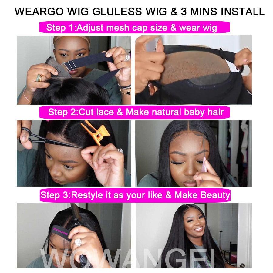 Step-by-step guide to installing the WOWANGEL glueless HD lace wig in just three minutes, featuring adjustable cap, lace cutting, and styling.