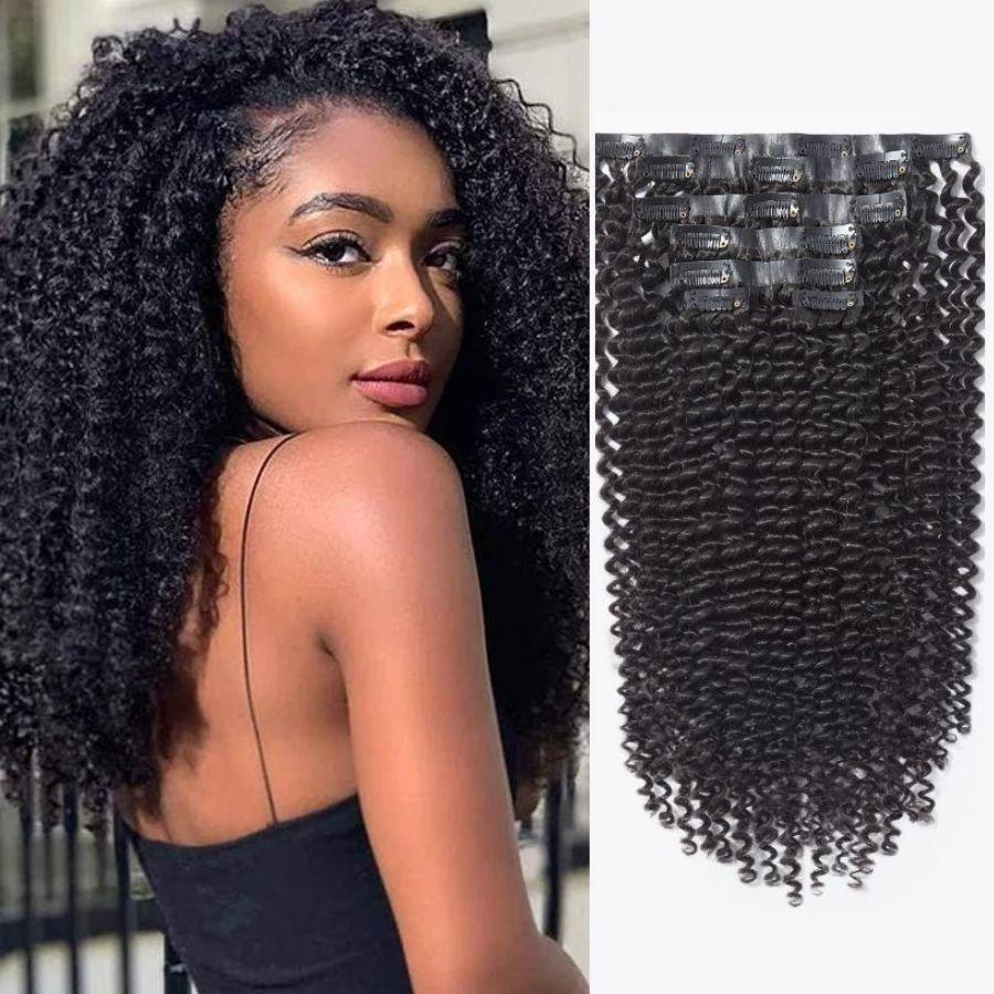 Kinky curly seamless clip-in hair extensions on model