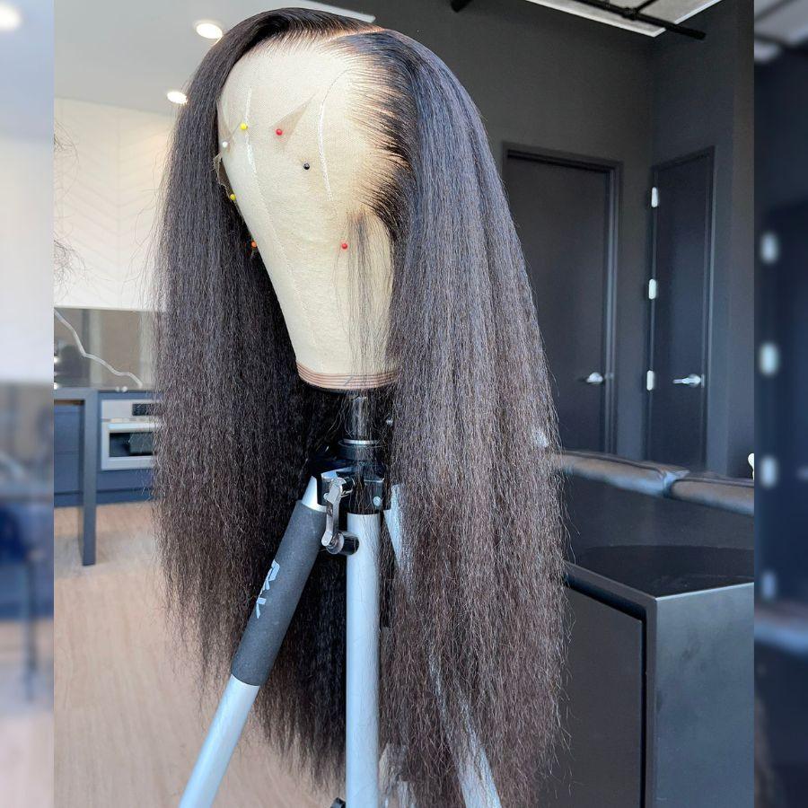 Kinky straight HD lace wig on mannequin head