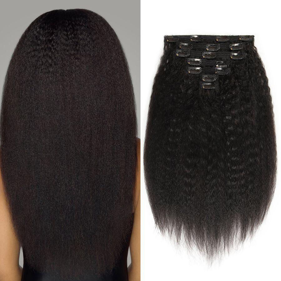 Back view of kinky straight clip-in hair extensions.