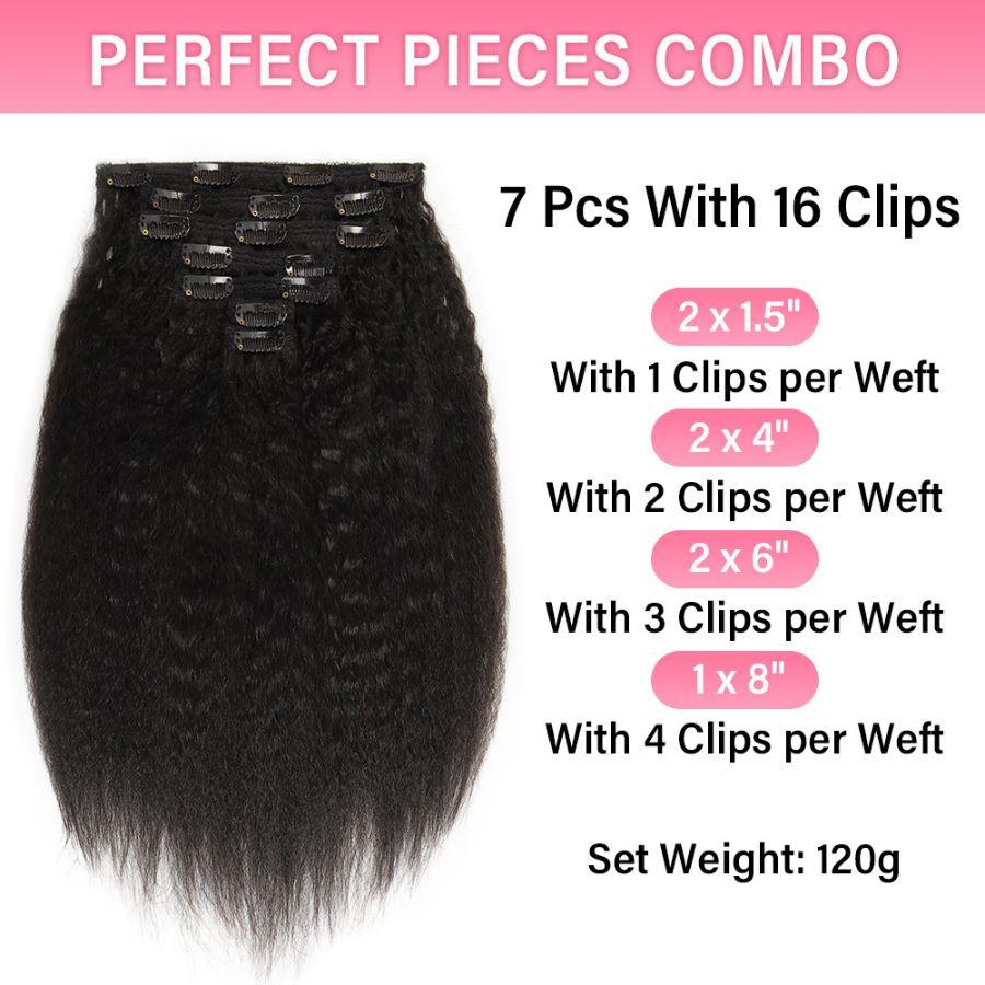 7-piece clip-in hair extensions set with 16 clips.