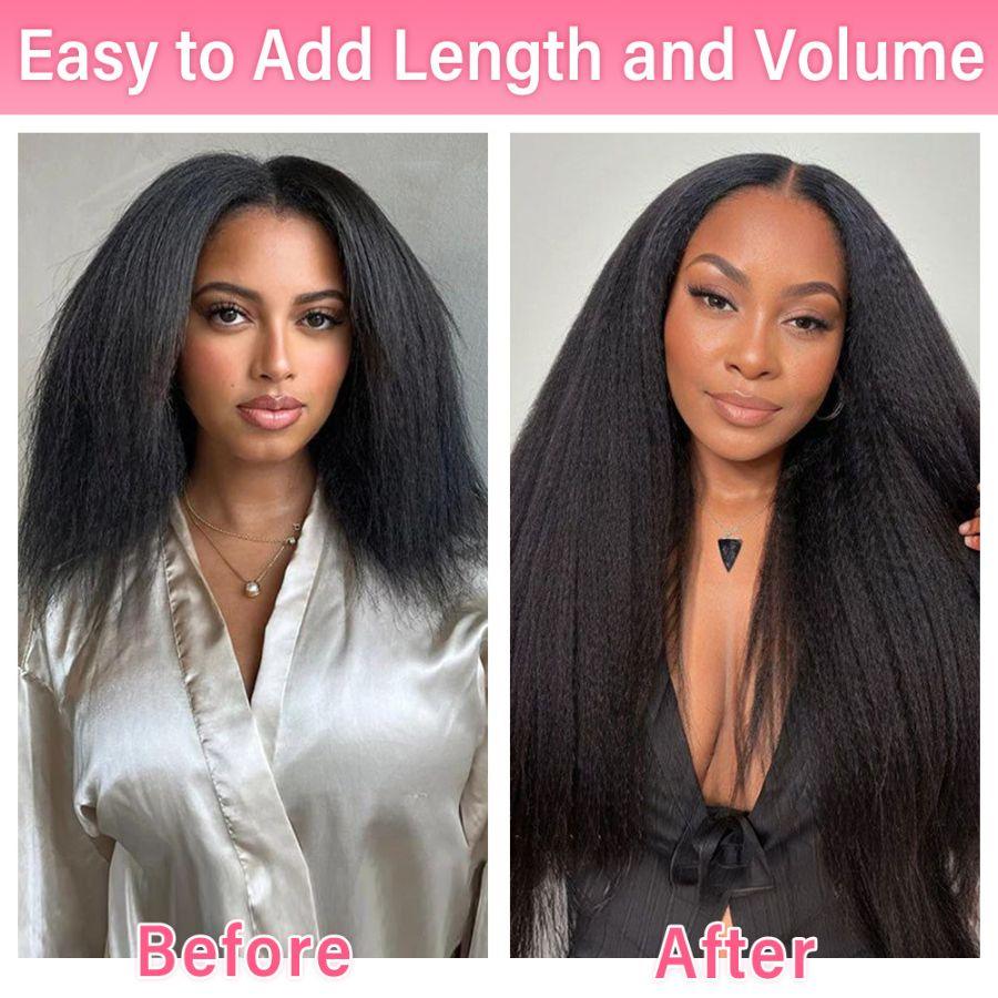 Before and after using kinky straight hair extensions.